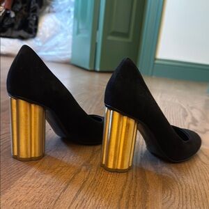 Salvatore Ferragamo Black and Gold Heels with Suede and Metallic Design